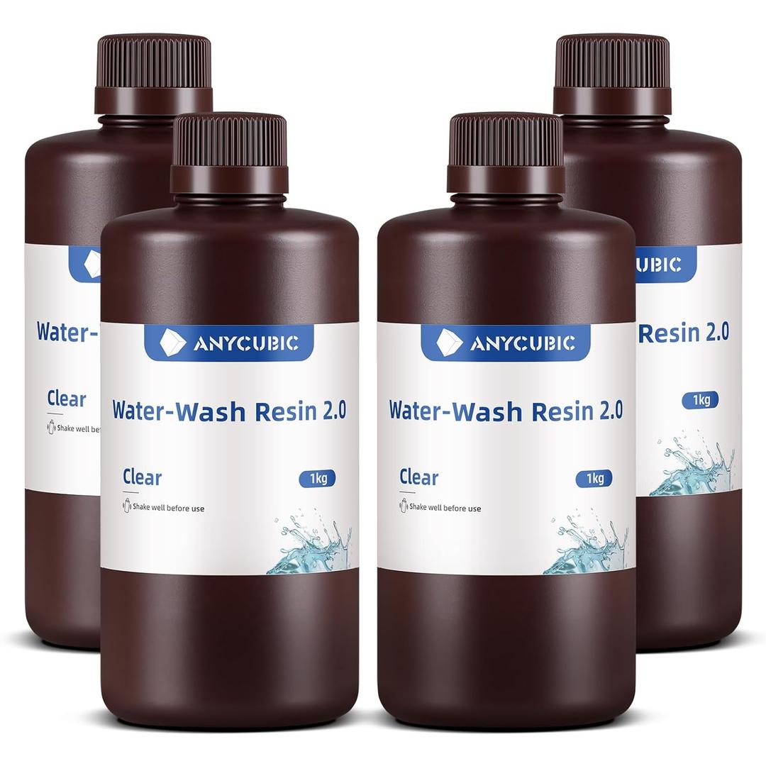 ANYCUBIC Water Washable 3D Printer Resin 2.0 Bundle, 405nm High Precision UV-Curing 3D Resin, Low Shrinkage Photopolymer Resin for LCD Resin 3D Printer (4Packs*1kg Clear, 4kg in Total)