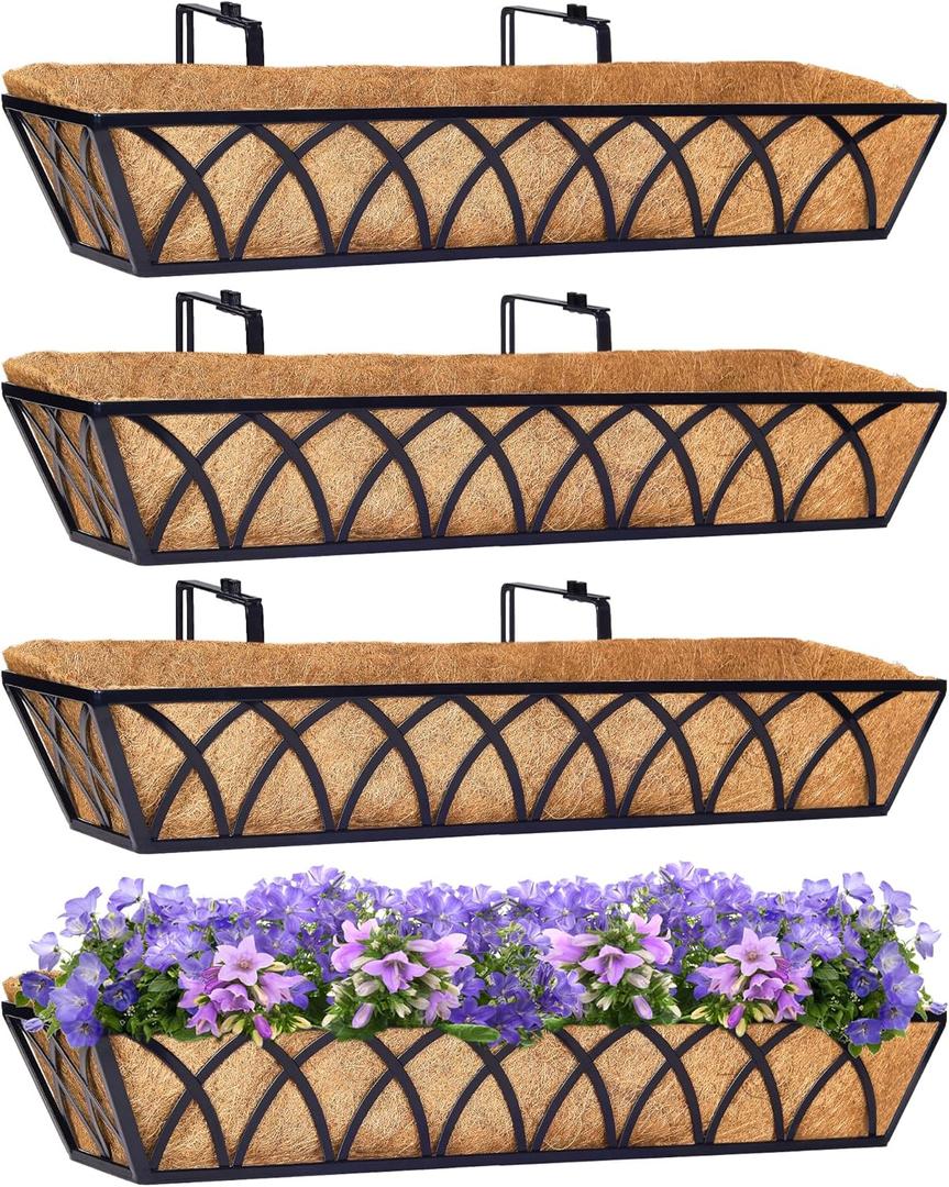 Y&M Window Boxes Horse Trough with Coconut Coir Liner, 30 Inch Window Deck with Coco Liner, Fence Metal Hanging Flower Planter Window Basket Deck Railing Planter Boxes