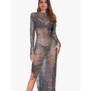 Aukmla Women Rhinestones Mesh Dress Black See Through Cover Up Dresses Beach Bikini Festival Fishnet Swimwear Cover Ups S