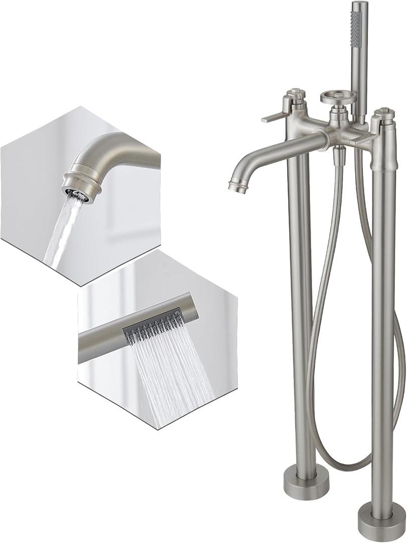 BWE Freestanding Bathtub Faucet Brushed Nickel Floor Mount Solid Brass Single Handle Modern Bathroom Tub Filler with Rotate Handheld Shower High Flow Mixer Tap