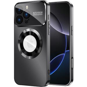 MAKAVO Magnetic for iPhone 16 Pro Max Case, Compatible with MagSafe, Built-in Camera Lens Protector, Logo View, Military Grade Drop Protection Phone Cover, Black