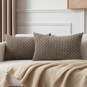 Kevin Textile Pack of 2 Light Brown Lumbar Decorative Throw Pillow Covers 12x20 Inch for Living Room Couch Soft Corduroy Rectangle Solid Cushion Case 30x50 cm Rustic Farmhouse Boho Home Decor