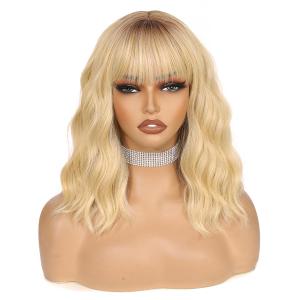 Ombre Blonde Bob Wig with Bangs Loose Wavy Blonde Wig for Women Heat Resistant Synthetic Wigs for Daily Party Use 14 Inch