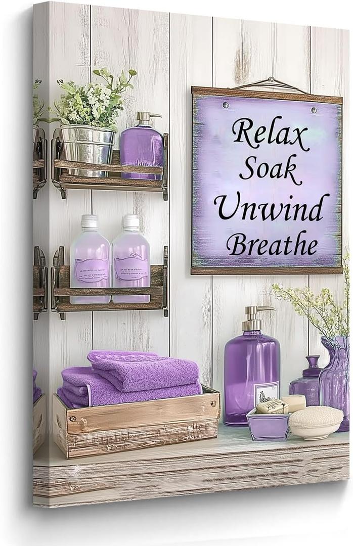 BJYCHG Purple Bathroom Canvas Wall Art Rustic Bathroom Picture Prints Farmhouse Flowers Bottles Painting Purple Wall Decor for Toilet Restroom Framed (Lavender, 24L x 16W)