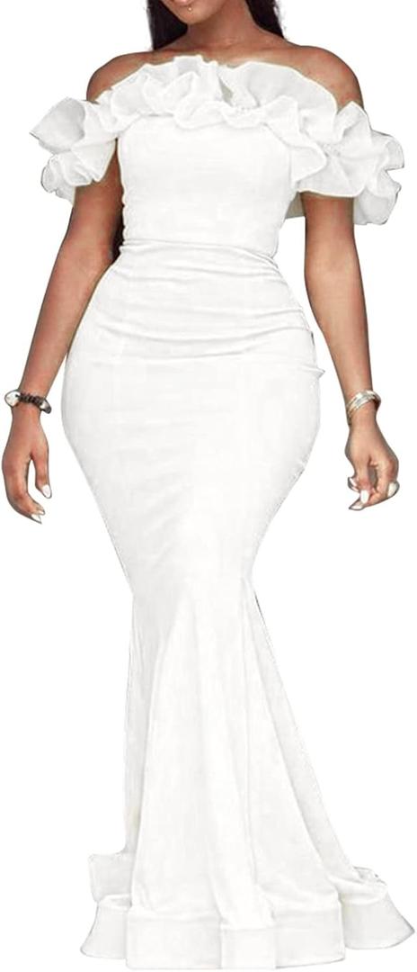 Cololura Sexy Floor-Length Off Shoulder Ruffles Stringy Selvedge Mermaid Bodycon Party Evening Maxi Dress (Large, White)