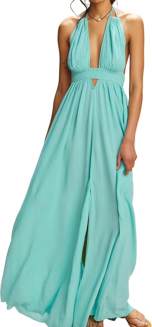 R.Vivimos Boho Maxi Dresses for Women 2026 Summer Sleeveless Halter Elastic Waist Sexy Backless Front Slit Flowy Long Dresses (Blue, XL)