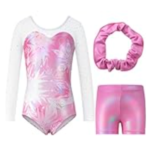 Blaward Girls Gymnastics Leotards with Shorts - Sparkly Long Sleeve Dance Ballet Athletic Leotard for Kids Teens Ages 5-6Y