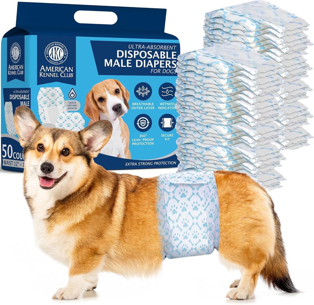 American Kennel Club Male Dog Wrap, Disposable Diapers with Wetness Indicator, Small, 50 Count (SM Waist Size 12 - 19 in)