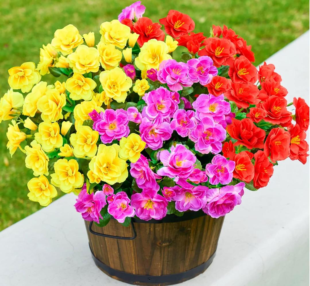 Artificial Fake Camellia Flowers Plants for Outdoor Outside, Faux Silk Mixed UV Resistant Look Real Flowers for Planter Front Door Porch Patio Balcony, 3 Bundles
