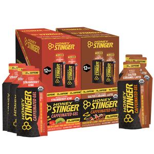 Honey Stinger Caffeinated Organic Energy Gel Variety Pack, 12 Packs Each of Salted Caramel Latte & Strawberry Kiwi, Caffeinated & Gluten Free, for All Exercises, Sports Nutrition for Home & Gym