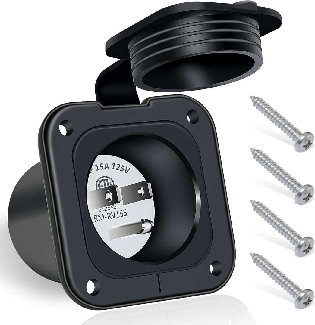 15 Amp Inlet, 125V Shore Power Inlet Power Inlet Port Plug NEMA 5-15P Male Receptacle RV Flanged Inlet with Waterproof Covers 2 Pole 3-Wire ETL Approved (No Cord)