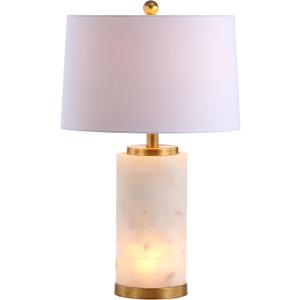 JONATHAN Y 25.5" White/Gold Leaf Alabaster 2-Light Rectangular Table Lamp with Night Light Modern Coastal Bedside Lamp for Bedroom with White Linen Drum Shade LED Bulbs Included JYL6203A