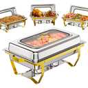 Chafing Dishes for Buffet 4 Pack with 7 Pans, 9.5QT [Clear Glass Lid] Stainless Steel Buffet Servers and Warmers, Rectangular [Sturdy & Rolled Edge] Food Warmers for Parties, Weddings, Catering, Gold