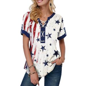 VILOVE American Flag Shirt Tops Women 4th of July T-Shirts Ring Hole Star Stripes USA Short Sleeve V-Neck Patriotic Tees (M)