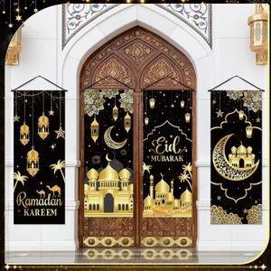 Panelee 4 Pcs Ramadan Mubarak Porch Sign Banners Black Gold Eid Mubarak Decorations Muslim Ramadan Kareem Door Banner Backdrop for Home Doorway Indoor Outdoor Wall Hanging Decor