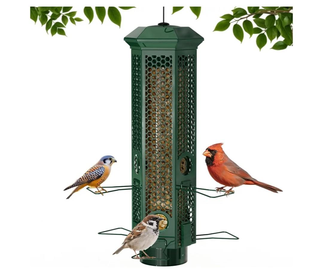 Squirrel Proof Bird Feeders, Bird Feeder for Outdoors with Removable Base, 6 Ports Perches Gravity Protection Squirrel Proof Wild Bird Feeders, 3LB Seed Capacity, Green