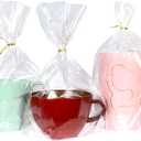 PigPotParty 8"x 11", 50Pcs Bottom Gusset Bags, Clear Cello Cellophane Treat Goodie Bags with 50x Twist Ties, Party Favor Packaging, Gift Mug Wrapping, Food Storage(No Side Gusset)
