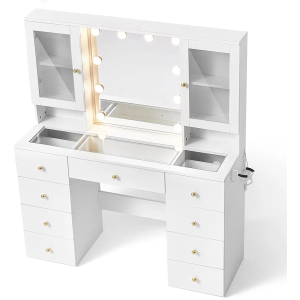 LINSY White Vanity with Mirror and Lights, 2 Glass Cabinets and Height - Adjustable Shelf & 9 Drawers Dressing Table, Makeup Desk with Glass Top & Charging Station, 3 Adjustable Brightness Modes