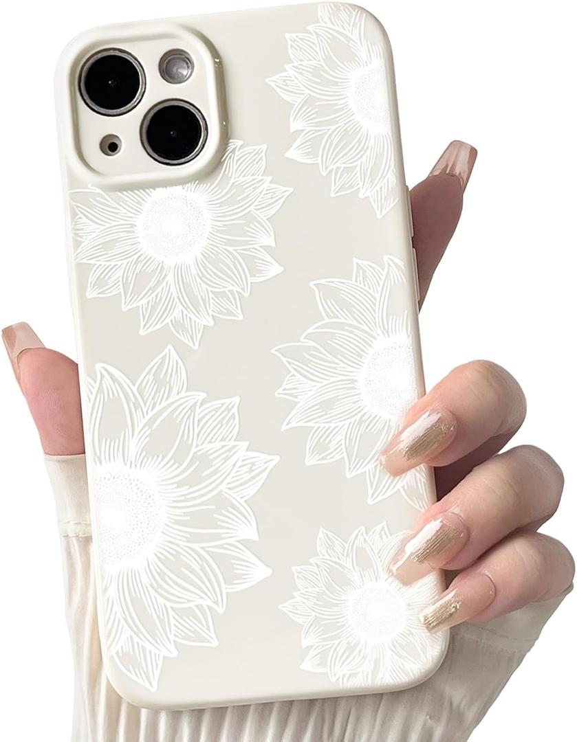 NITITOP Compatible with iPhone 13 Case Aesthetic Cute Floral Sunflowers Pattern for Women Girls Trendy Flower Slim Fit TPU Bumper Silicone Shockproof Full Camera Protection Cover - White