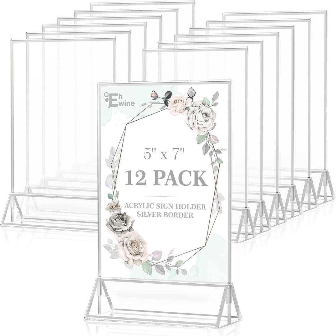 EHWINE 12 Pack Acrylic Sign Holder 5 x 7, Double Sided Silver Picture Frame Stand up Table Top Sign Holders, Clear Display Stand Menu Flyer Holder for Wedding Party (Provide Non-slip Mats)