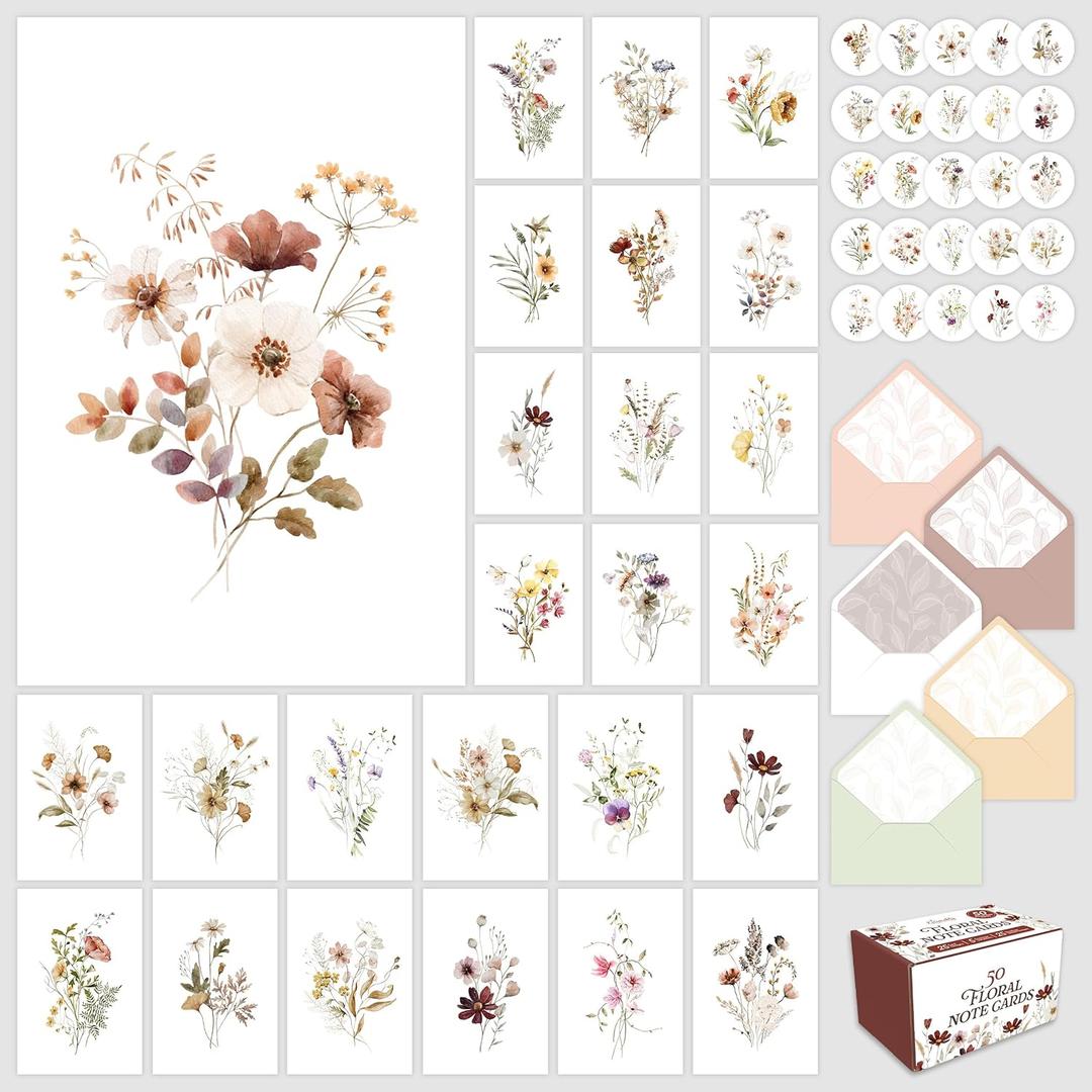 Decorably 50 Pack 4x6in Blank Floral Cards with Envelopes and Stickers, 25 Beautiful Designs Flower Note Cards, Blank Inside - Birthday, Wedding, Bridal Shower