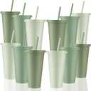 Skylety 12 Pcs Sage Green Plastic Cups with Lids and Straws 24 oz Reusable Tumbler Large Travel Mug Cup Coffee Beverage Drinks Party Supplies for Wedding Bridal Baby Shower Birthday