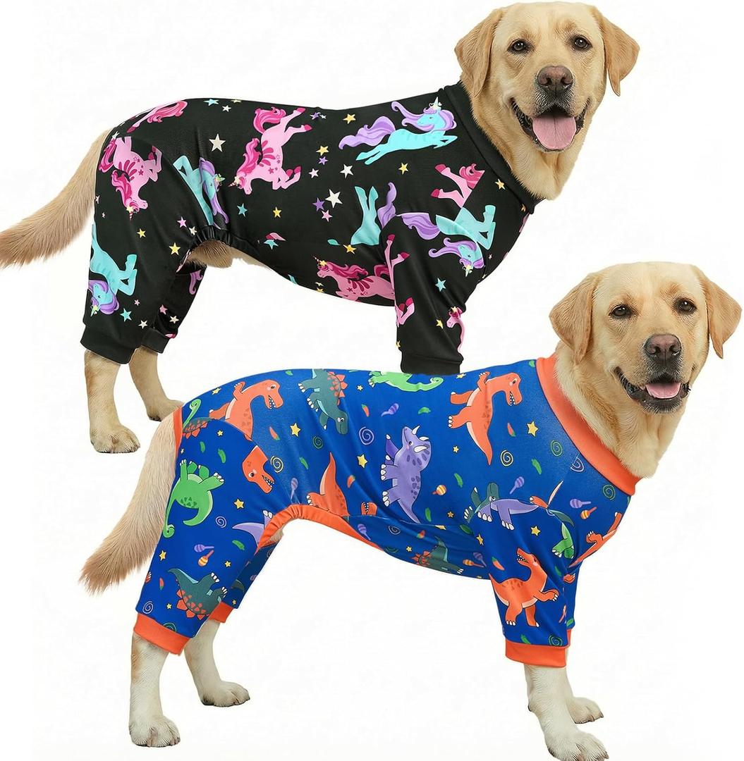 XPUDAC 2 Pack Dog Pajamas for Large Sized Dog, 4-Way Stretch Soft Dog Onesie Lightweight Warm Pet Clothes Jammies for Large Breeds Dinosaur Print, 8XL (8X-Large(Chest-39.4" Back-28.3" Neck-20.5"))