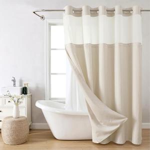 No Hooks Polyester Textured Shower Curtain with Snap-in Fabric Liner Set, Hotel Luxury Decor Shower Curtains for Bathroom with See Through Top Window, Waterproof & Washable, 71Wx74H, Cream (71"W x 74"L (Pack of 1))
