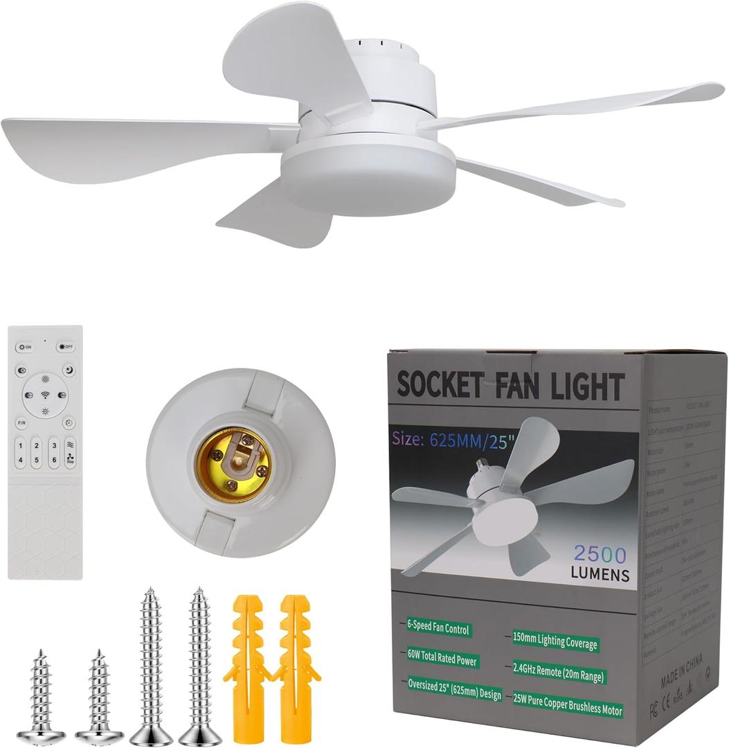 25" Socket Fan Light with RemoteE26/E27-66W 3 Colors 3000-6500K Socket Breeze Ceiling Fan,6 Speed Wind Light Bulb Fan for Bedroom, Living Room, Kitchen, Garage(White)