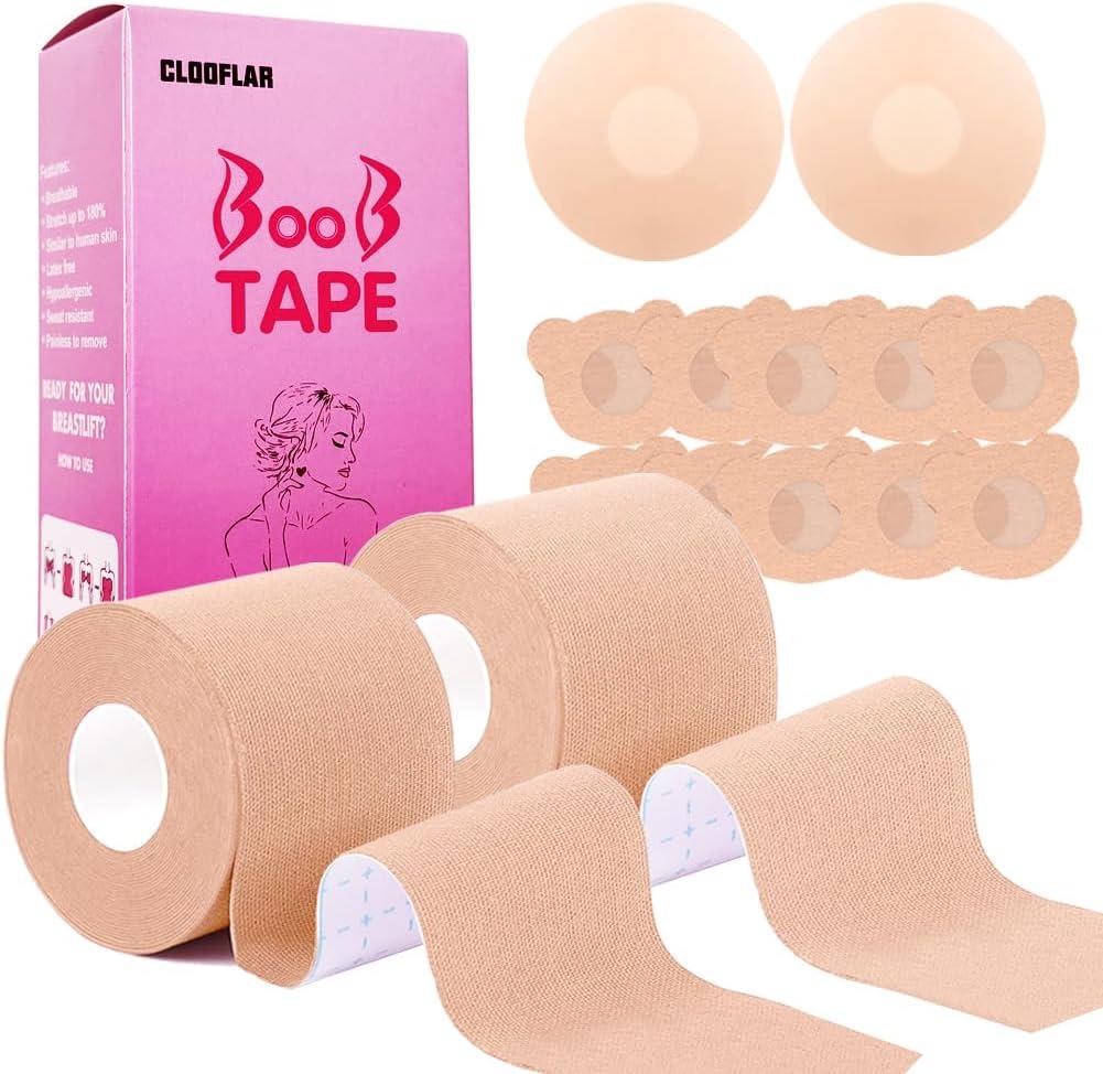 2 x Boob Tape Set, 2 Rolls Boobtapes for Large Breasts A-G Cup, with 2 Types of Nipple Covers, Fashion Stretchable Tit Tape Stick on Bra Beige