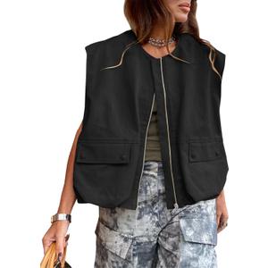 Womens Casual Zip Up Cargo Vest Top Oversized Lightweight Ruched Hem Sleeveless Blazer Jackets Vest Tops (Black, M)