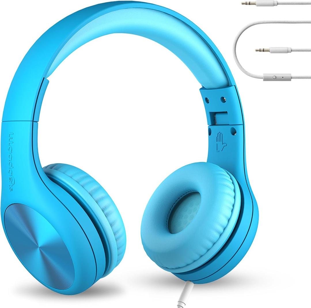 LilGadgets Connect+ Pro Wired Kids Headphones for School with Microphone, Volume Limiting Over-Ear Headset with Cord, SharePort Technology & SoftTouch Padding, Blue (Plain)