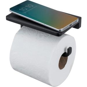 MyGift Toilet Paper Roll Holder in Matte Black Stainless Steel Finish, Minimalist Commercial Grade Toilet Tissue Dispenser with Storage Display Top Shelf, Modern Hotel Series