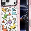 for iPhone 17 Pro Max Case Cute - Military-Grade 20 ft Drop Protection Shockproof Phone Case - Funny Dinosaur Land Design (6.9") Glitter Pink