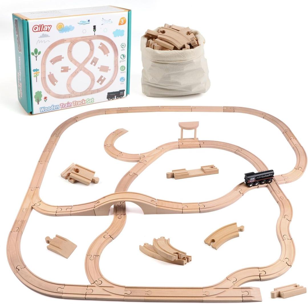 Qilay Wooden Train Track Set - 62PCS Track Expansion with 1 Bonus Magnetic Trains, Arched Bridge, Storage Bag, Compatible with All Major Brand Train Set for Kids 3+