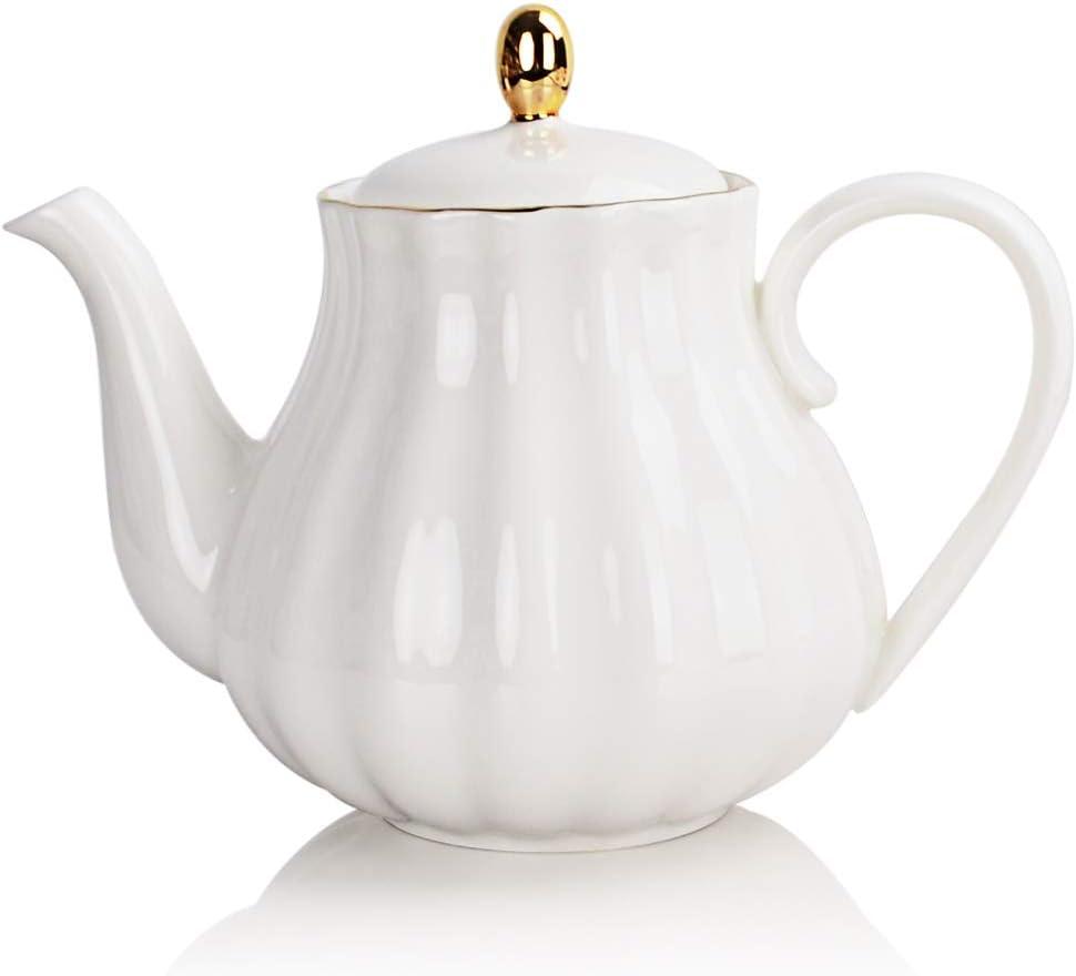 Sweejar Royal Teapot, Ceramic Tea Pot with Removable Stainless Steel Infuser, Blooming & Loose Leaf Teapot - 28 Ounce(White)