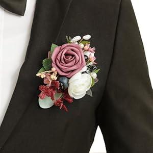 Ling's moment Pocket Boutonniere Single, Boutonniere for Men Groom for Wedding, Prom, Homecoming, Anniversary, Graduation, etc.White Ranunculus Mauve, 6" W x 5" H