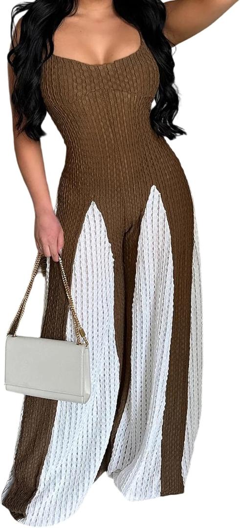 LKOUS Women's Summer Casual Strap Sleeveless Jumpsuits Loose Stretchy Wide Leg Long Pants Rompers One piece outfits (X-Large, Brown)
