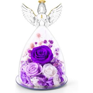 Valentines Day Roses Gifts for Women,Preserved Real Flowers Roses in Glass Angel Figurines,Valentines Day Gifts for Women Mom Wife Girlfriend./Purple