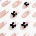 4 x 24 Pcs Pearl Shine Medium Square Fake Nails with Bow Designs, French Tip Glue On Nails, Reusable Black Bows, Full Cover Nude Artificial Nails for Women & Girls