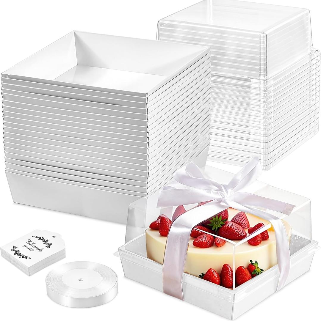 8 Pack 7x7x4 Cake Boxes with Clear Lids for 4-6 Inch Cakes, Treats or Desserts – Paper Bento Cake Boxes, Disposable Bundt Containers – Bakery Take Out Containers – To Go Square Packaging, White