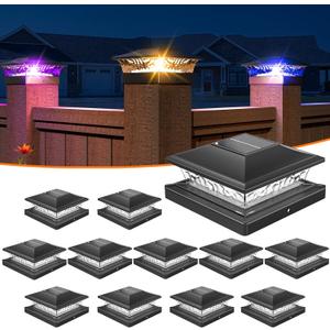 APONUO Solar Post Cap Lights with 8 RGB Solid Colors & Multicolor Flow - 12 Pack 6x6 Post Cap Solar Light, IP65 Waterproof - Fits 4x4 5x5 6x6 Wood & Vinyl Posts - Black