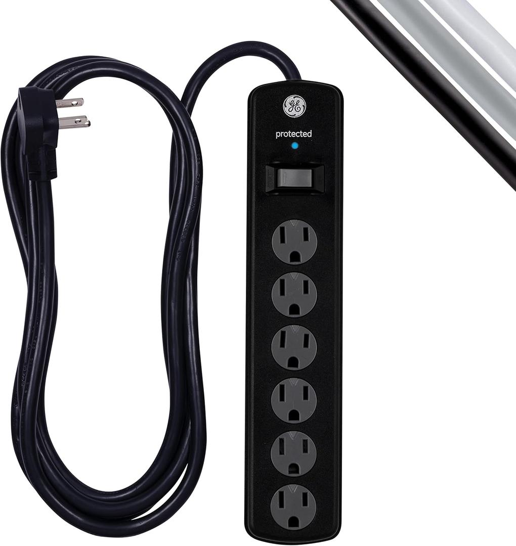 GE 6-Outlet Surge Protector, 8 Ft Extension Cord, Power Strip, 1300 Joules, Flat Plug, Twist-to-Close Safety Covers, Protected Indicator Light, ETL Listed, Black, 33662