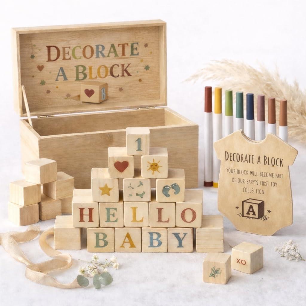 Nolia Blocks for Baby Shower Games & Activity Kit 48 Natural Wooden Blocks to Decorate, Storage Box, 12 Acrylic Markers & Instruction Sign Baby Shower Blocks to Decorate