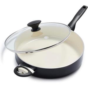 GreenPan Rio Healthy Ceramic Nonstick 5QT Saute Pan Jumbo Cooker with Helper Handle and Lid, PFAS-Free, Dishwasher Safe, Black