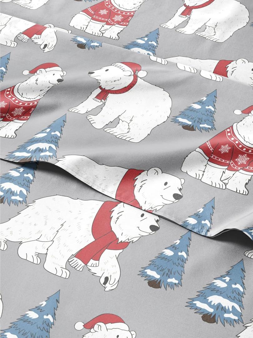 Queen Christmas Santa Bears Sheet Set - Holiday Xmas Pattern Bedding Set - Deep Pockets - Snug Fit - 4 Piece - Wrinkle Free - Cozy Cooling Festive Winter - Holiday Sheets for Women, Men, Kids & Teens