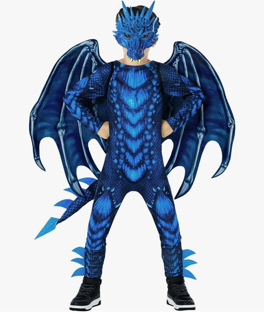 Morph Blue Dragon Costume for Kids, Dragon Wing Costume for Boys, Halloween Dress-Up, Fun Dragon Outfit M
