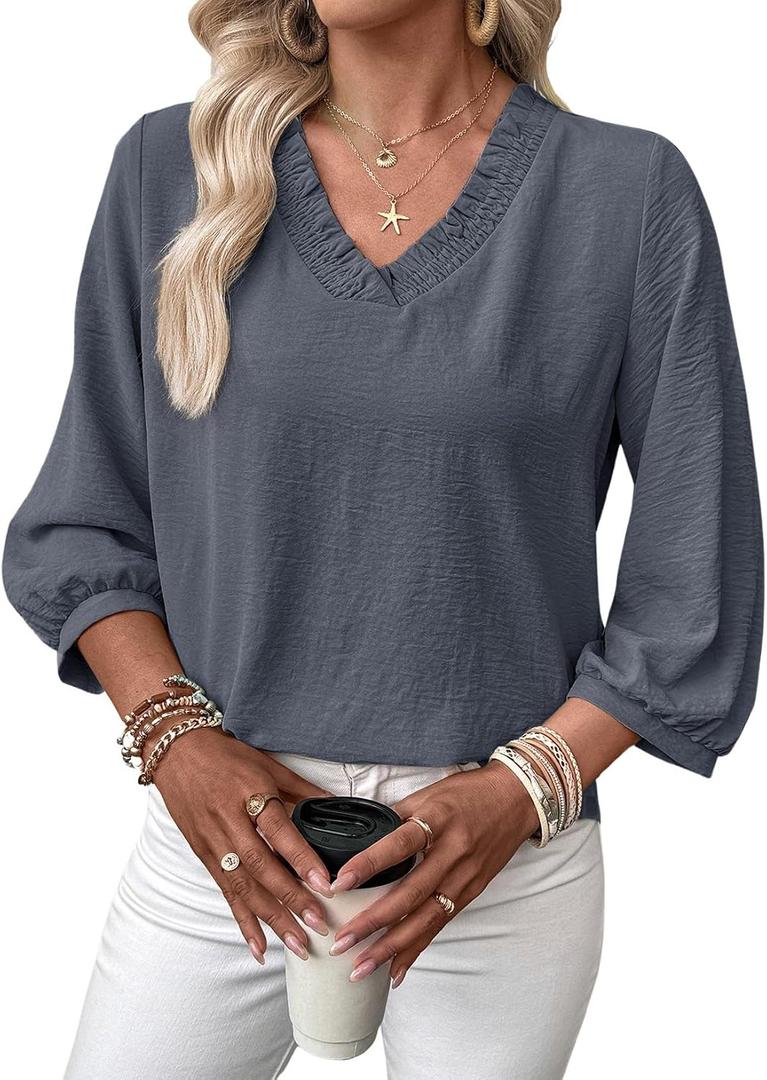 SHEWIN Women Smocked Neck Tops 3/4 Sleeve Loose Fit Shirts Business Dressy Casual 2026 (Blue) L