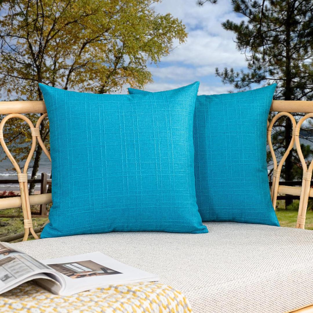 Kevin Textile Pack of 2 Decorative Outdoor Waterproof Pillow Covers Garden Checkered Cushion Sham Throw Pillowcase Shell for Patio Tent Couch 20x20 Inch Peacock Blue