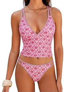 ZAFUL Tankini Swimsuits for Women V Neck Dual Straps Cropped Bikini Swimsuit High Cut 2 Pieces Bathing Suit (2-Floral Red, L)